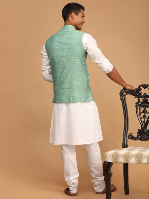 Men's Green Jacquard Nehru Jacket With Kurta Pyjama Set